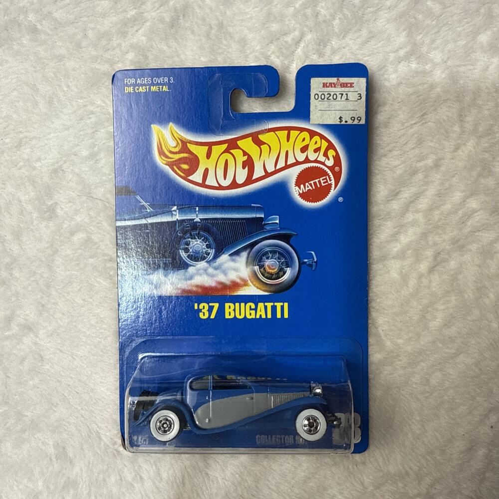 Hot Wheels Mattel 1937 ‘37 Bugatti Blue With Silver 1990 Blue Card #28 1980